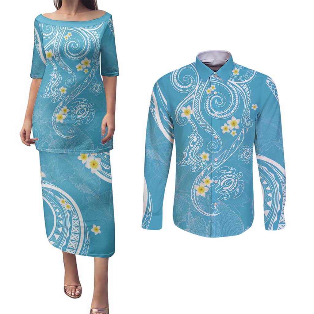 Polynesia Tribal Couples Matching Puletasi and Long Sleeve Button Shirt Turquoise Plumeria Tentacles LT7 Turquoise - Polynesian Pride