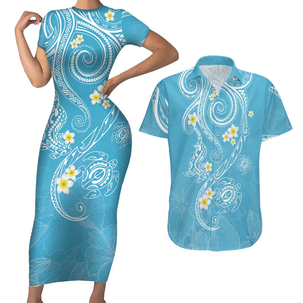 Polynesia Tribal Couples Matching Short Sleeve Bodycon Dress and Hawaiian Shirt Turquoise Plumeria Tentacles LT7 Turquoise - Polynesian Pride