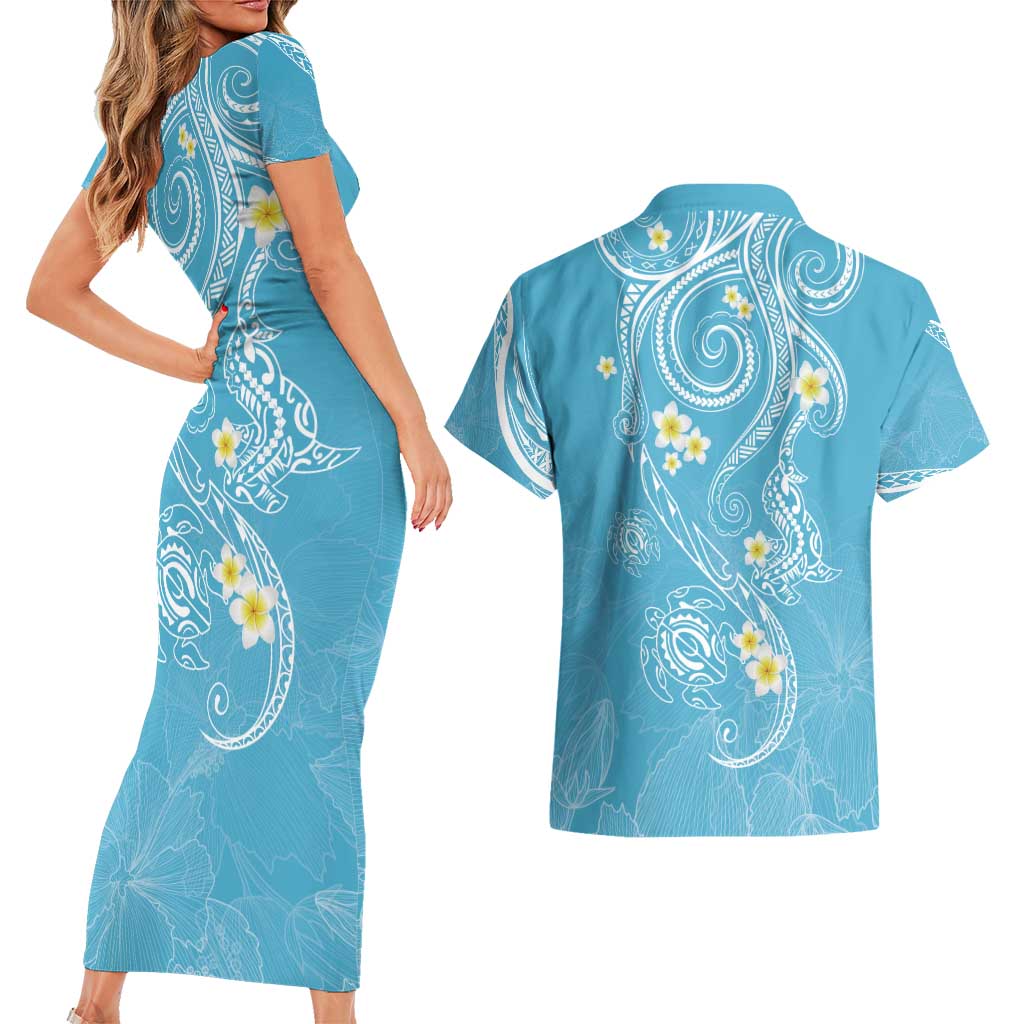 Polynesia Tribal Couples Matching Short Sleeve Bodycon Dress and Hawaiian Shirt Turquoise Plumeria Tentacles LT7 - Polynesian Pride