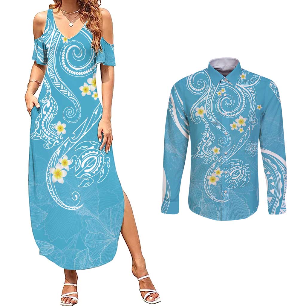 Polynesia Tribal Couples Matching Summer Maxi Dress and Long Sleeve Button Shirt Turquoise Plumeria Tentacles LT7 Turquoise - Polynesian Pride