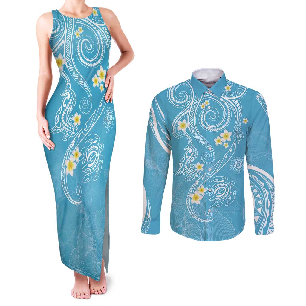 Polynesia Tribal Couples Matching Tank Maxi Dress and Long Sleeve Button Shirt Turquoise Plumeria Tentacles LT7 Turquoise - Polynesian Pride