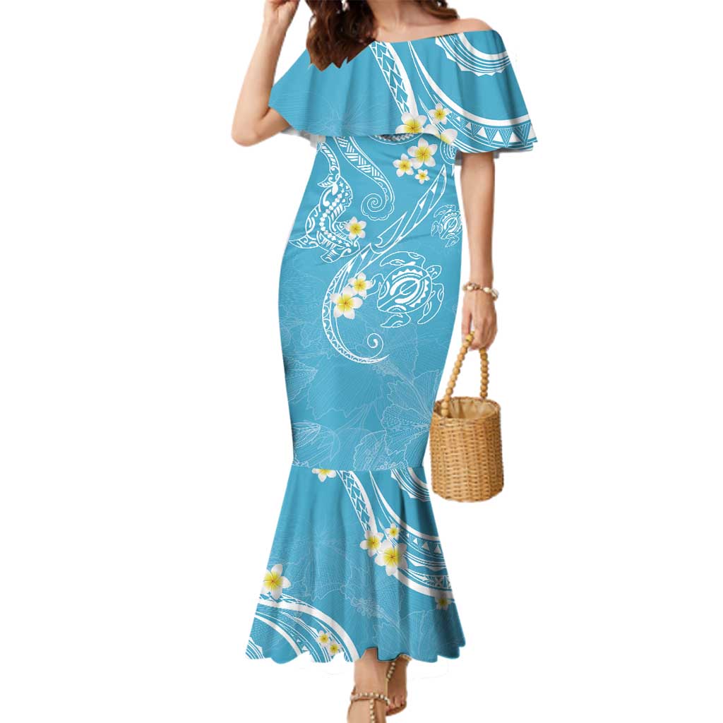 Polynesia Tribal Family Matching Mermaid Dress and Hawaiian Shirt Turquoise Plumeria Tentacles LT7 Mom's Dress Turquoise - Polynesian Pride