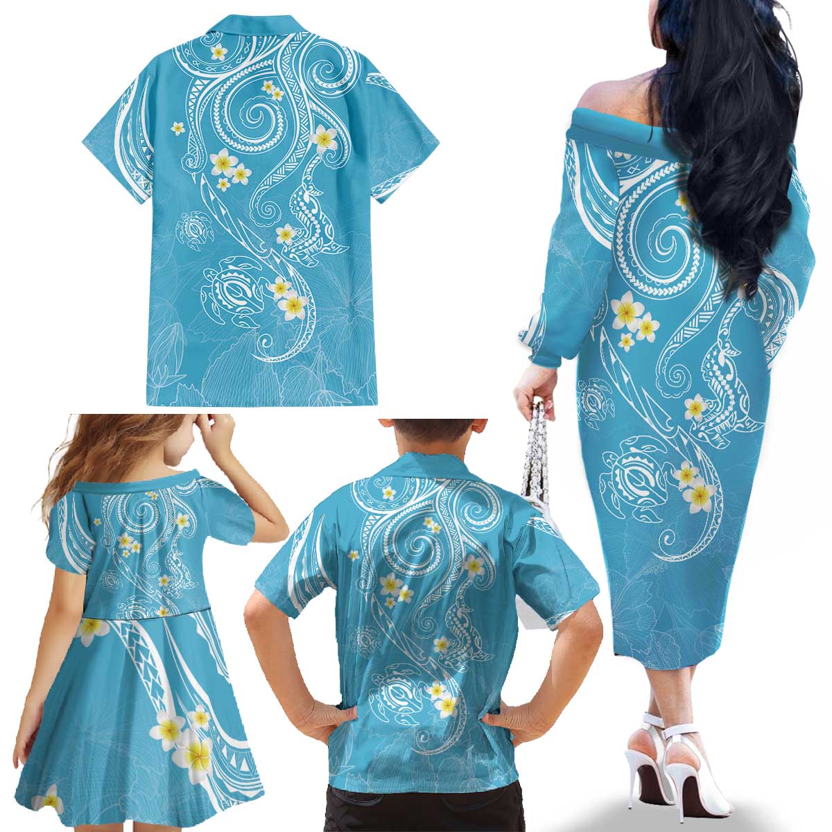 Polynesia Tribal Family Matching Off The Shoulder Long Sleeve Dress and Hawaiian Shirt Turquoise Plumeria Tentacles LT7 - Polynesian Pride