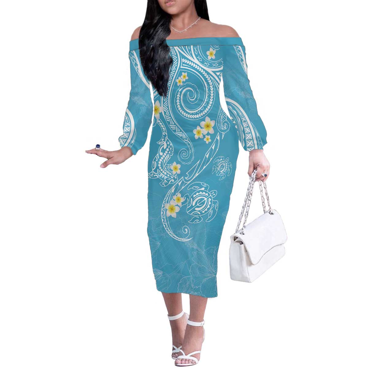 Polynesia Tribal Family Matching Off The Shoulder Long Sleeve Dress and Hawaiian Shirt Turquoise Plumeria Tentacles LT7 - Polynesian Pride