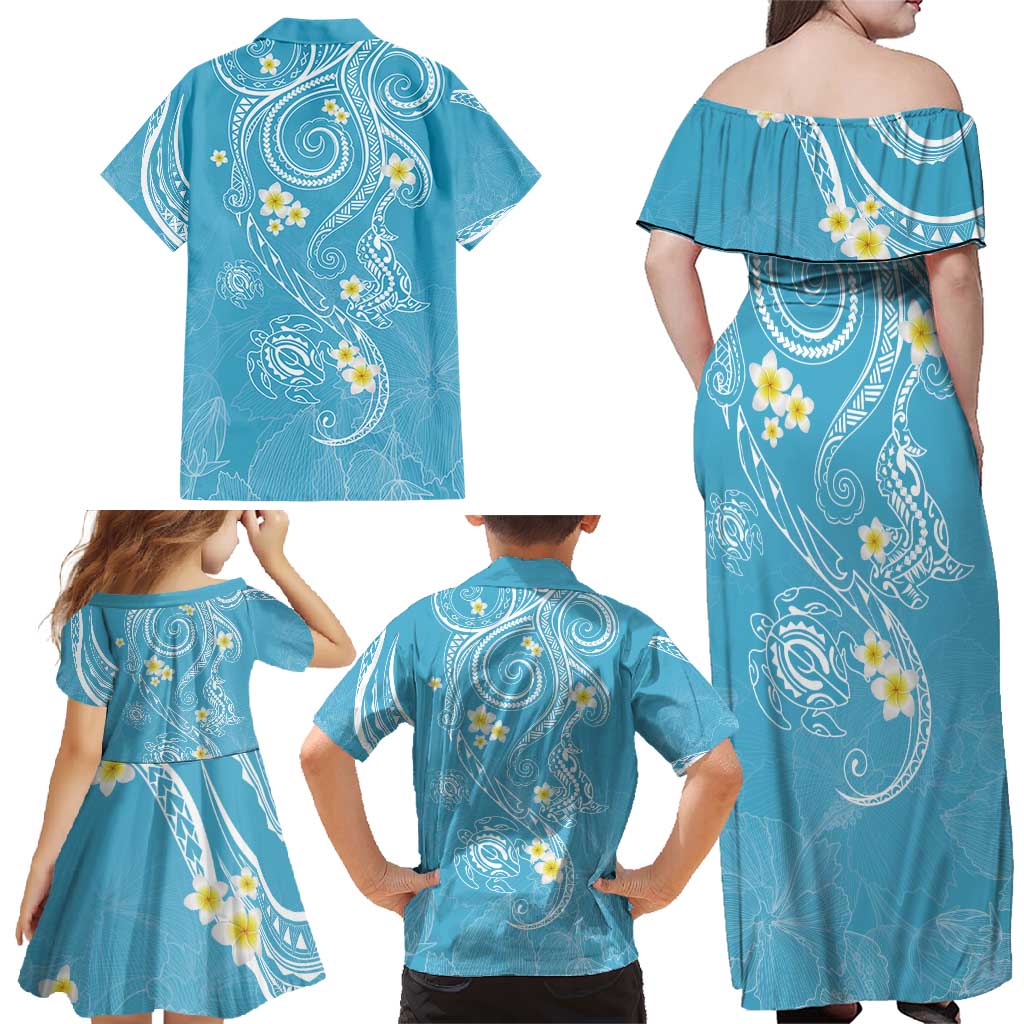 Polynesia Tribal Family Matching Off Shoulder Maxi Dress and Hawaiian Shirt Turquoise Plumeria Tentacles LT7 - Polynesian Pride