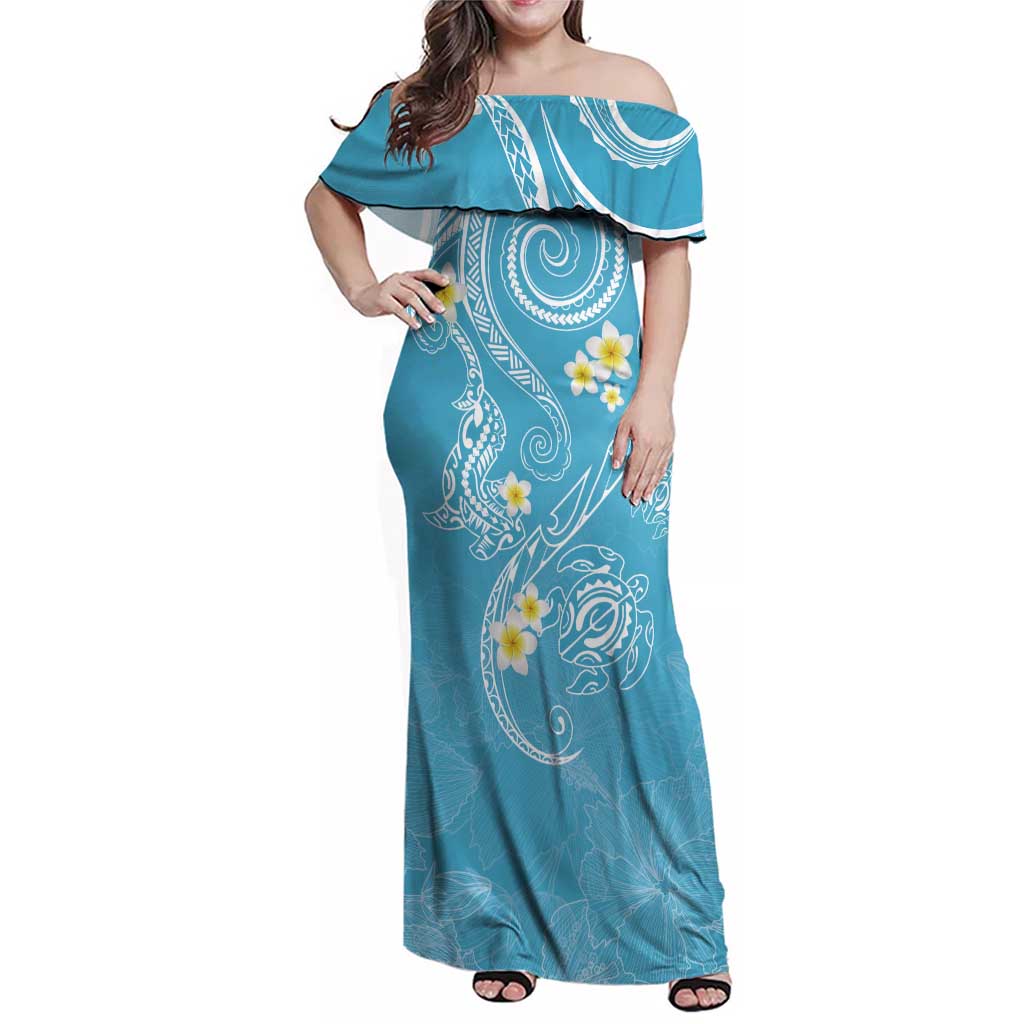 Polynesia Tribal Family Matching Off Shoulder Maxi Dress and Hawaiian Shirt Turquoise Plumeria Tentacles LT7 Mom's Dress Turquoise - Polynesian Pride