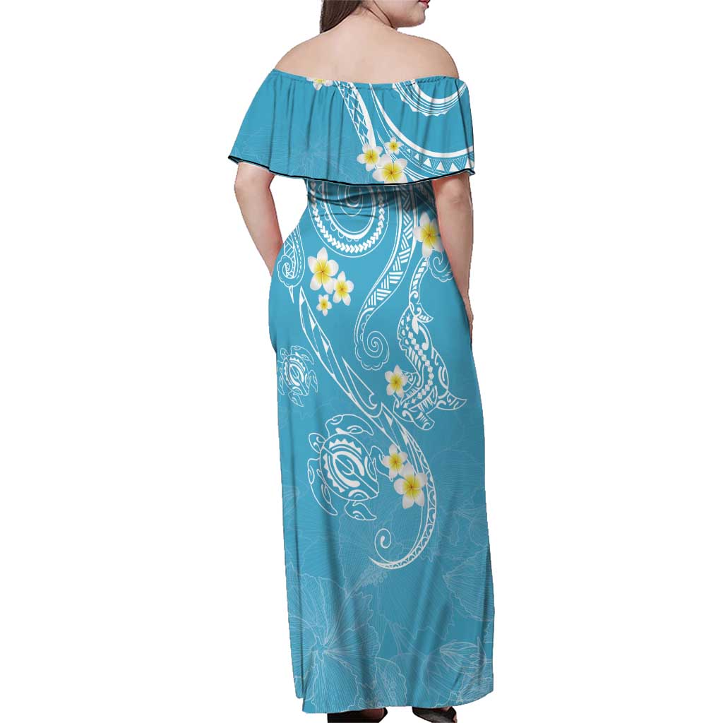 Polynesia Tribal Family Matching Off Shoulder Maxi Dress and Hawaiian Shirt Turquoise Plumeria Tentacles LT7 - Polynesian Pride