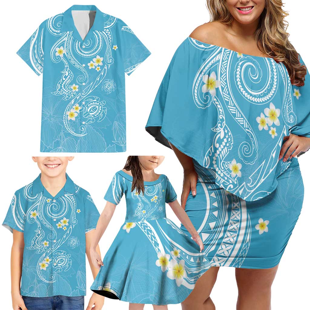 Polynesia Tribal Family Matching Off Shoulder Short Dress and Hawaiian Shirt Turquoise Plumeria Tentacles LT7 - Polynesian Pride