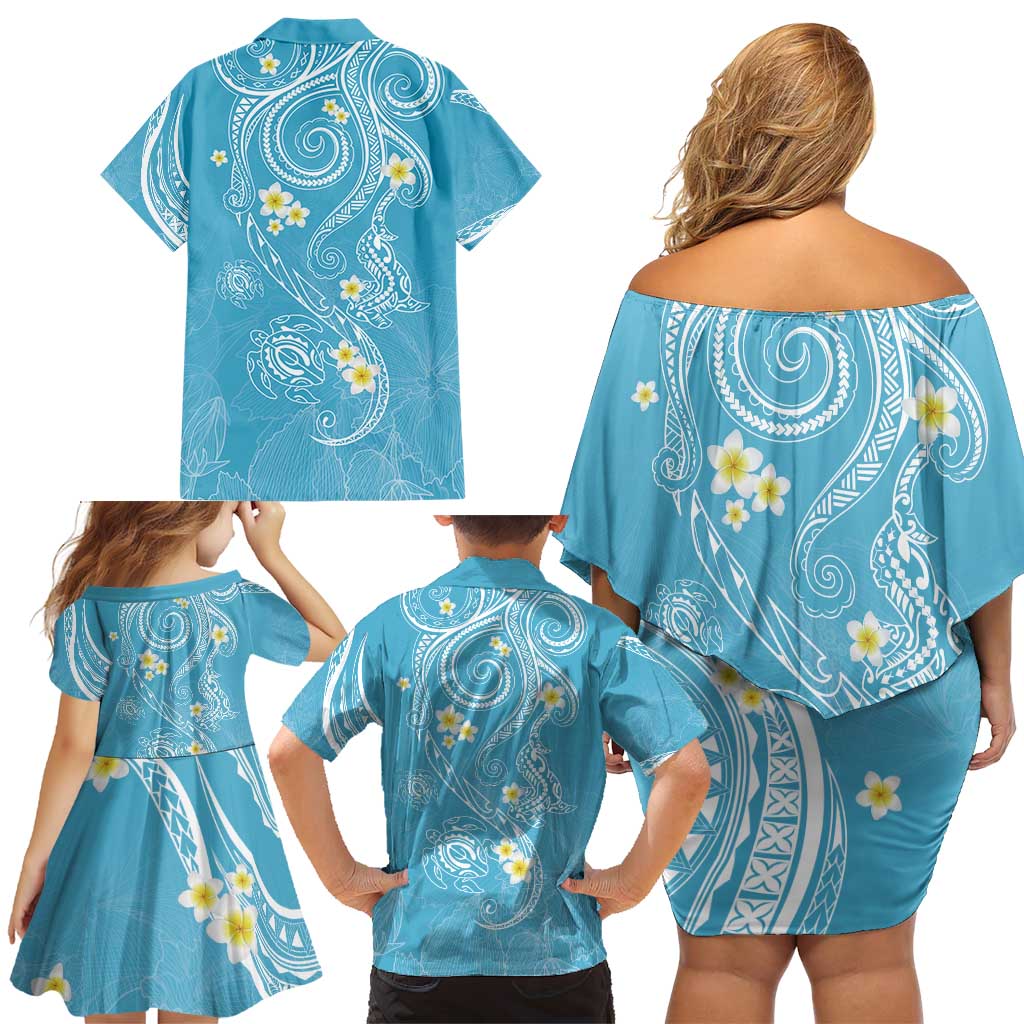 Polynesia Tribal Family Matching Off Shoulder Short Dress and Hawaiian Shirt Turquoise Plumeria Tentacles LT7 - Polynesian Pride