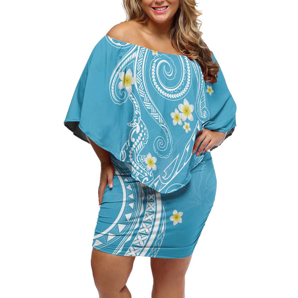 Polynesia Tribal Family Matching Off Shoulder Short Dress and Hawaiian Shirt Turquoise Plumeria Tentacles LT7 Mom's Dress Turquoise - Polynesian Pride
