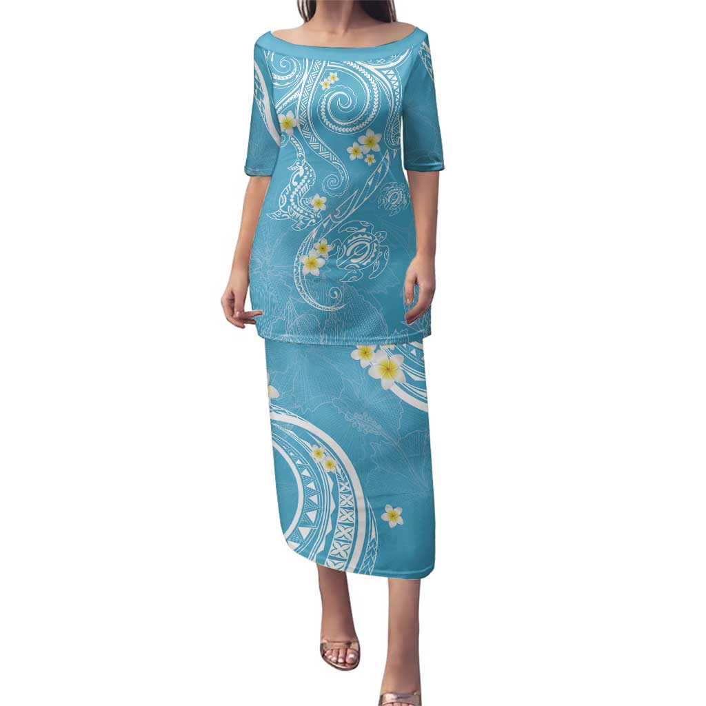 Polynesia Tribal Family Matching Puletasi and Hawaiian Shirt Turquoise Plumeria Tentacles LT7 Mom's Dress Turquoise - Polynesian Pride