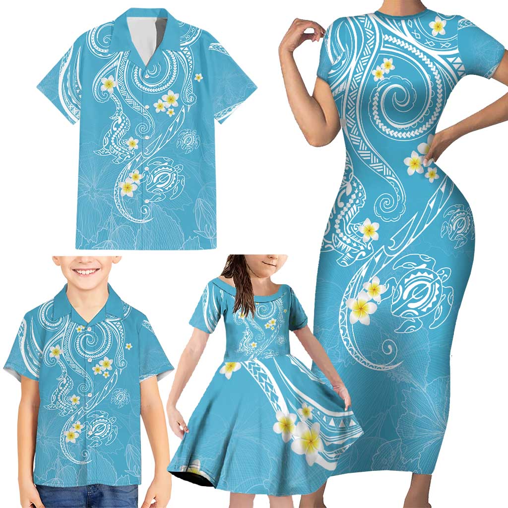 Polynesia Tribal Family Matching Short Sleeve Bodycon Dress and Hawaiian Shirt Turquoise Plumeria Tentacles LT7 - Polynesian Pride