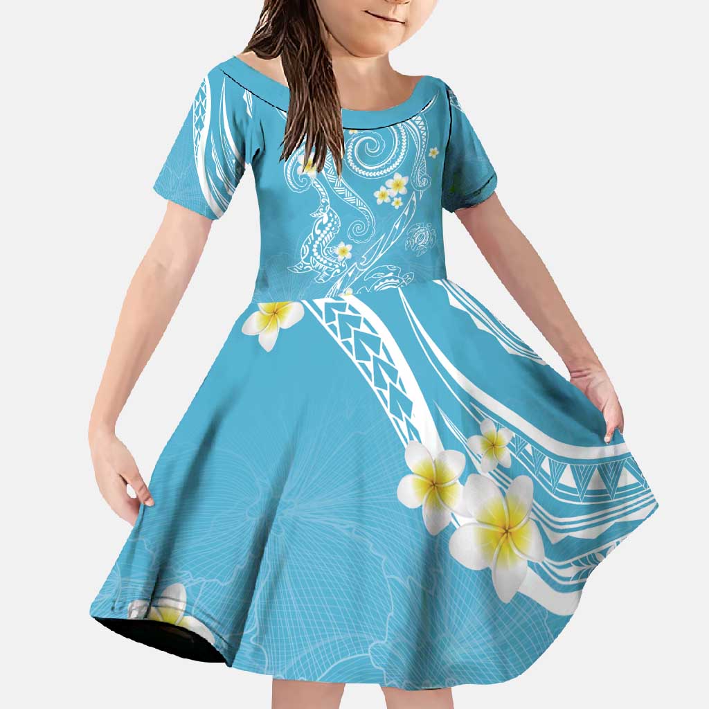 Polynesia Tribal Family Matching Tank Maxi Dress and Hawaiian Shirt Turquoise Plumeria Tentacles LT7 Daughter's Dress Turquoise - Polynesian Pride