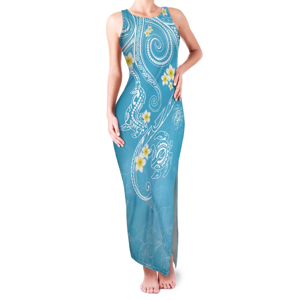 Polynesia Tribal Family Matching Tank Maxi Dress and Hawaiian Shirt Turquoise Plumeria Tentacles LT7 Mom's Dress Turquoise - Polynesian Pride