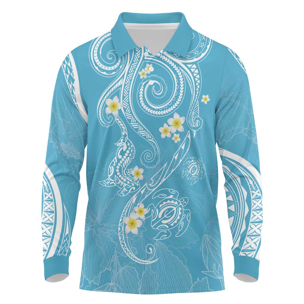 Polynesia Tribal Long Sleeve Polo Shirt Turquoise Plumeria Tentacles LT7 Turquoise - Polynesian Pride