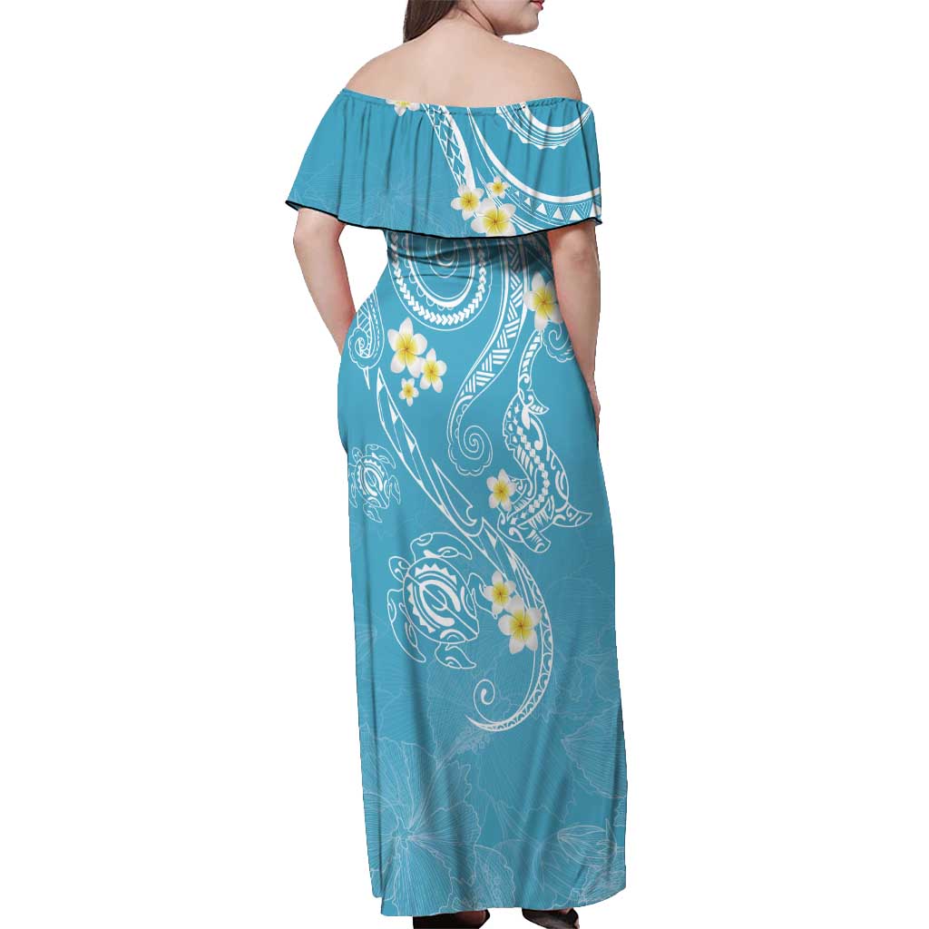 Polynesia Tribal Off Shoulder Maxi Dress Turquoise Plumeria Tentacles LT7 - Polynesian Pride