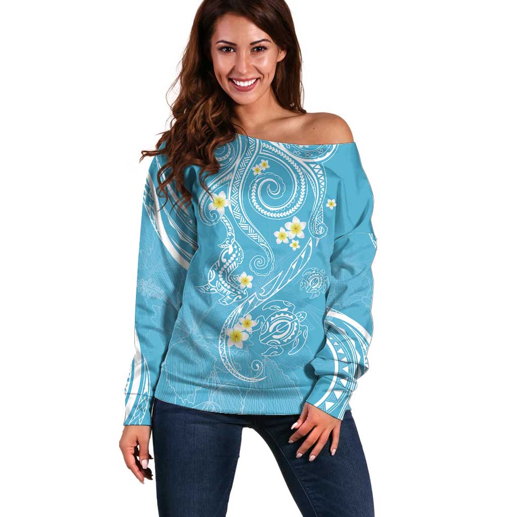 Polynesia Tribal Off Shoulder Sweater Turquoise Plumeria Tentacles LT7 Women Turquoise - Polynesian Pride