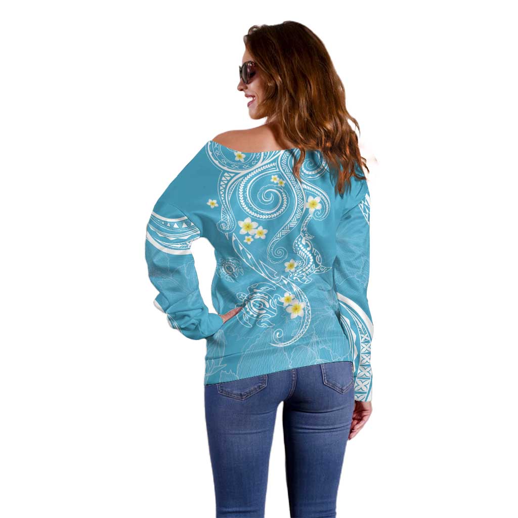 Polynesia Tribal Off Shoulder Sweater Turquoise Plumeria Tentacles LT7 - Polynesian Pride