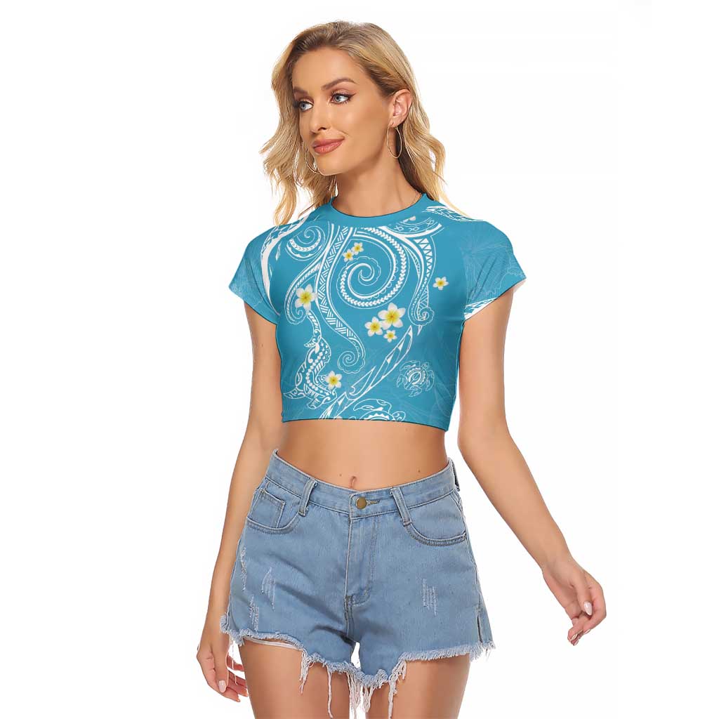 Polynesia Tribal Raglan Cropped T Shirt Turquoise Plumeria Tentacles LT7 Female Turquoise - Polynesian Pride