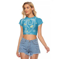 Polynesia Tribal Raglan Cropped T Shirt Turquoise Plumeria Tentacles LT7 Female Turquoise - Polynesian Pride