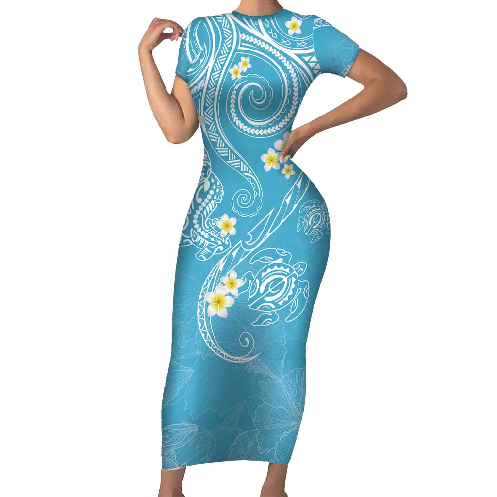 Polynesia Tribal Short Sleeve Bodycon Dress Turquoise Plumeria Tentacles LT7 Long Dress Turquoise - Polynesian Pride