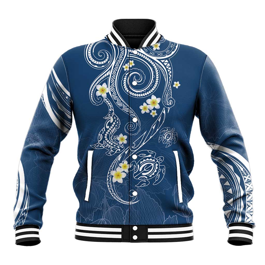 Polynesia Tribal Baseball Jacket Deep Blue Plumeria Tentacles