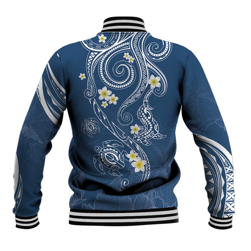 Polynesia Tribal Baseball Jacket Deep Blue Plumeria Tentacles