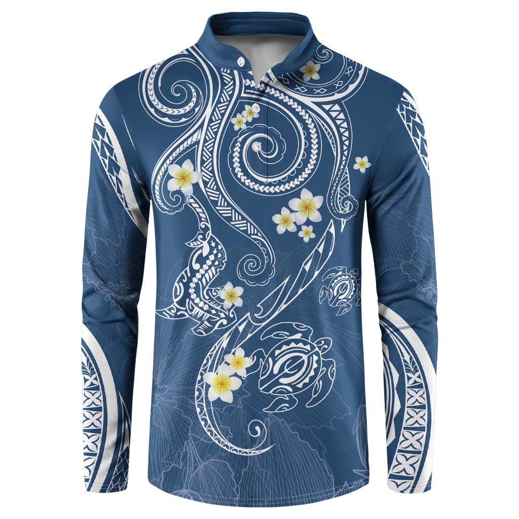 Polynesia Tribal Button Sweatshirt Deep Blue Plumeria Tentacles