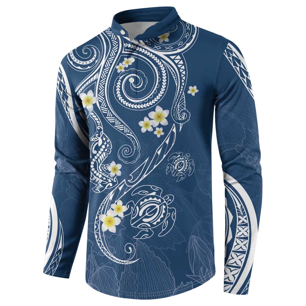 Polynesia Tribal Button Sweatshirt Deep Blue Plumeria Tentacles