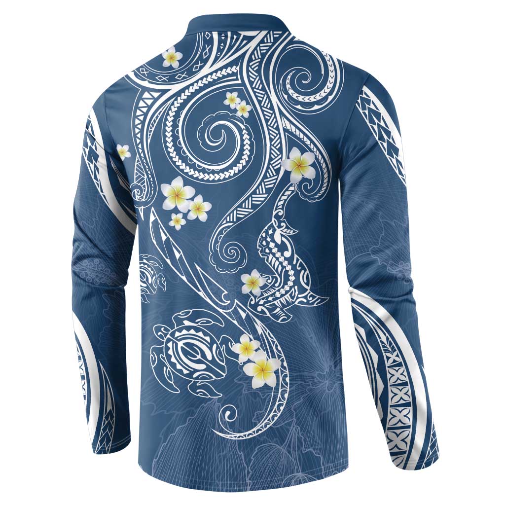 Polynesia Tribal Button Sweatshirt Deep Blue Plumeria Tentacles