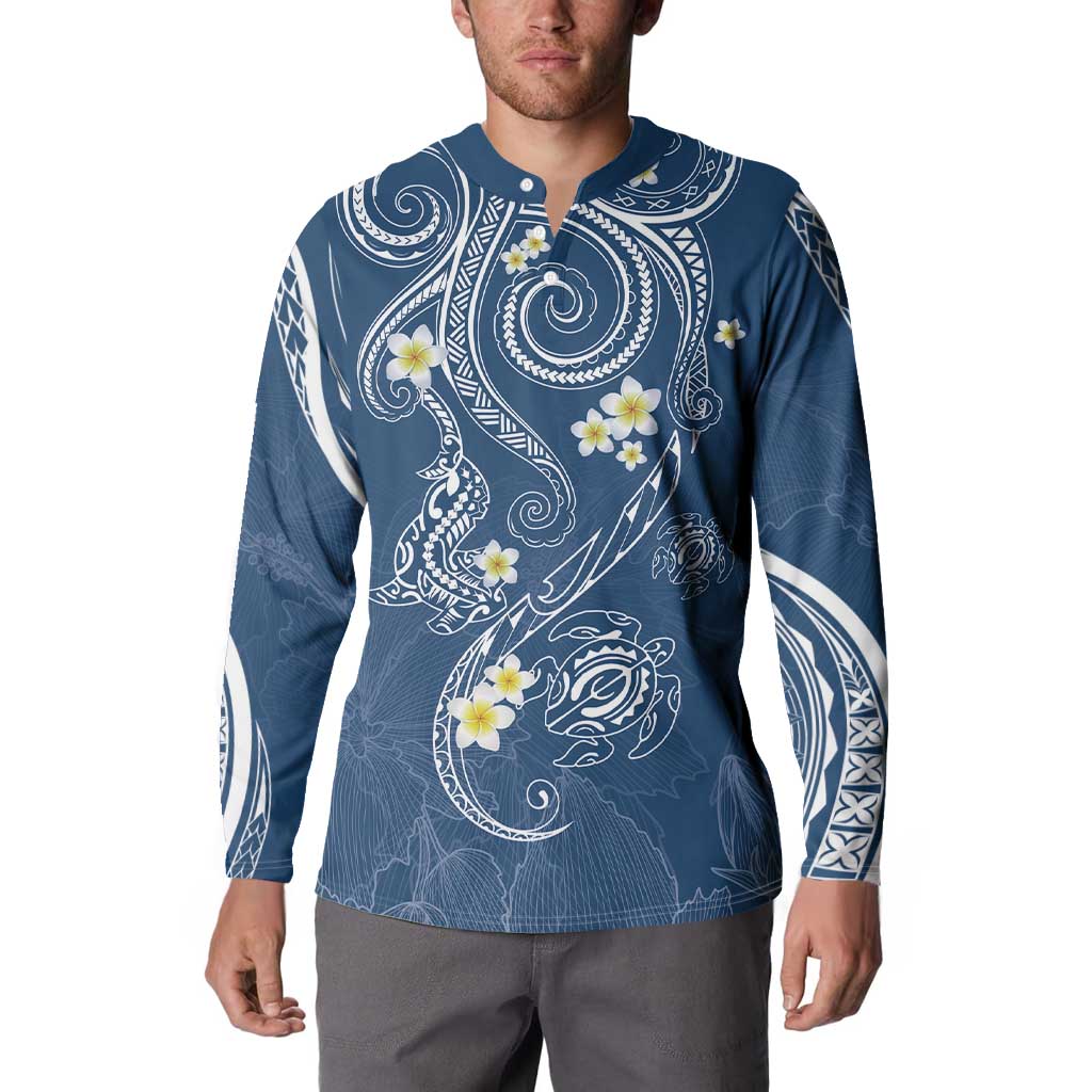 Polynesia Tribal Button Sweatshirt Deep Blue Plumeria Tentacles