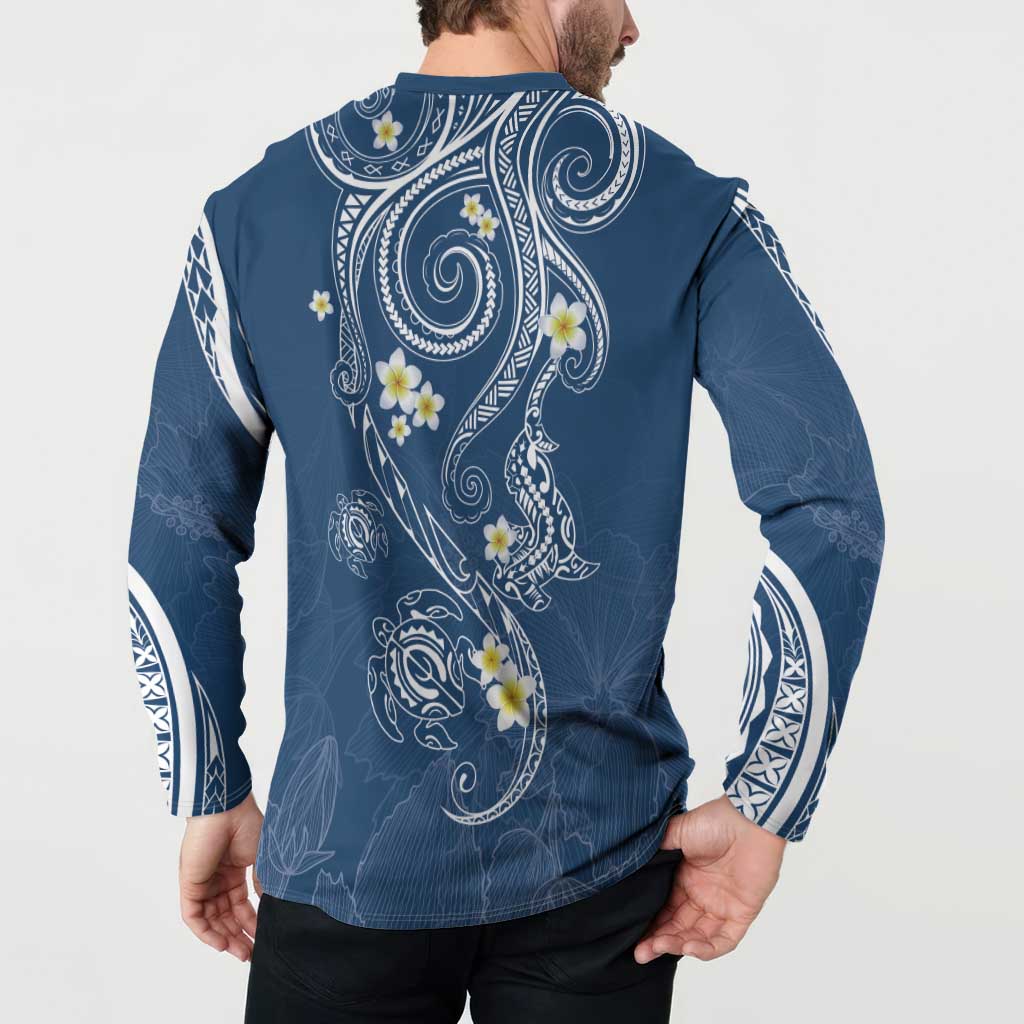 Polynesia Tribal Button Sweatshirt Deep Blue Plumeria Tentacles