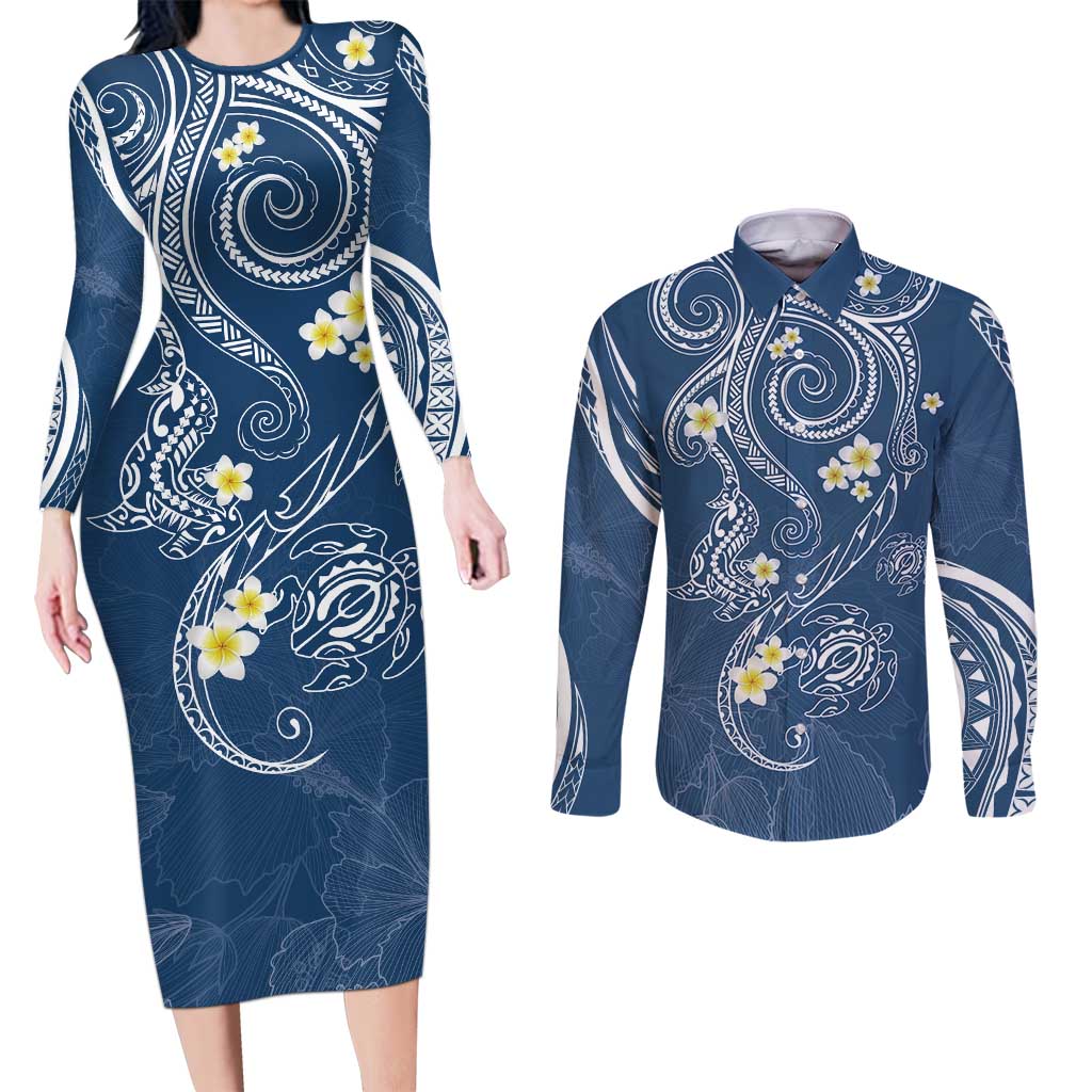 Polynesia Tribal Couples Matching Long Sleeve Bodycon Dress and Long Sleeve Button Shirt Deep Blue Plumeria Tentacles LT7 Blue - Polynesian Pride