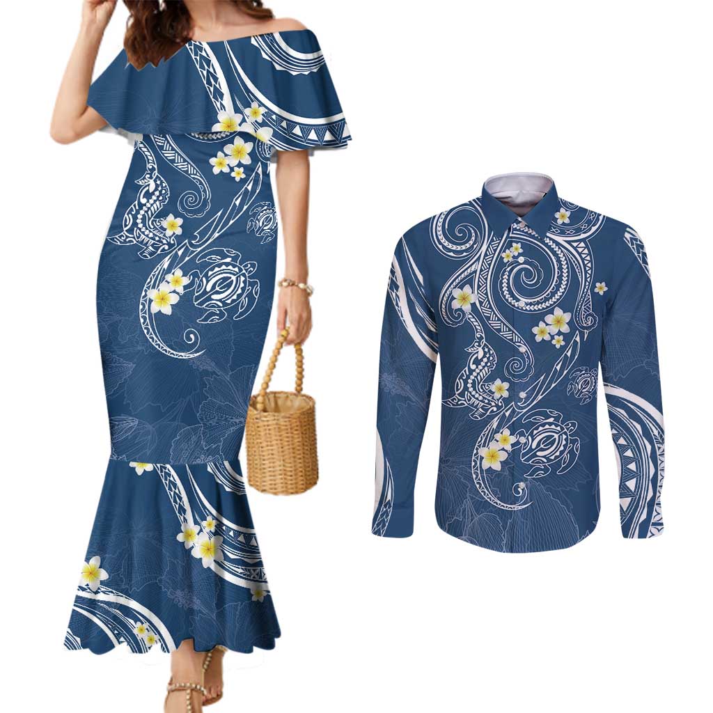 Polynesia Tribal Couples Matching Mermaid Dress and Long Sleeve Button Shirt Deep Blue Plumeria Tentacles LT7 Blue - Polynesian Pride
