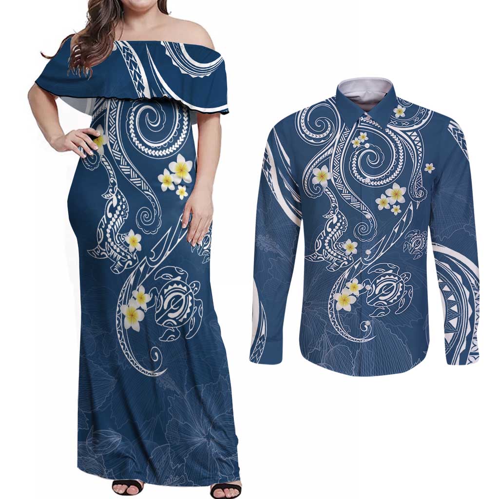 Polynesia Tribal Couples Matching Off Shoulder Maxi Dress and Long Sleeve Button Shirt Deep Blue Plumeria Tentacles LT7 Blue - Polynesian Pride