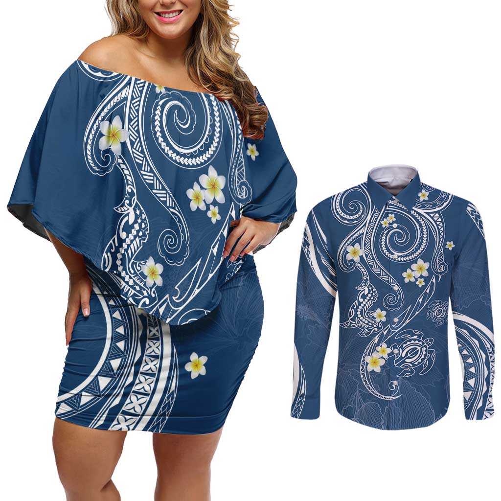 Polynesia Tribal Couples Matching Off Shoulder Short Dress and Long Sleeve Button Shirt Deep Blue Plumeria Tentacles LT7 Blue - Polynesian Pride