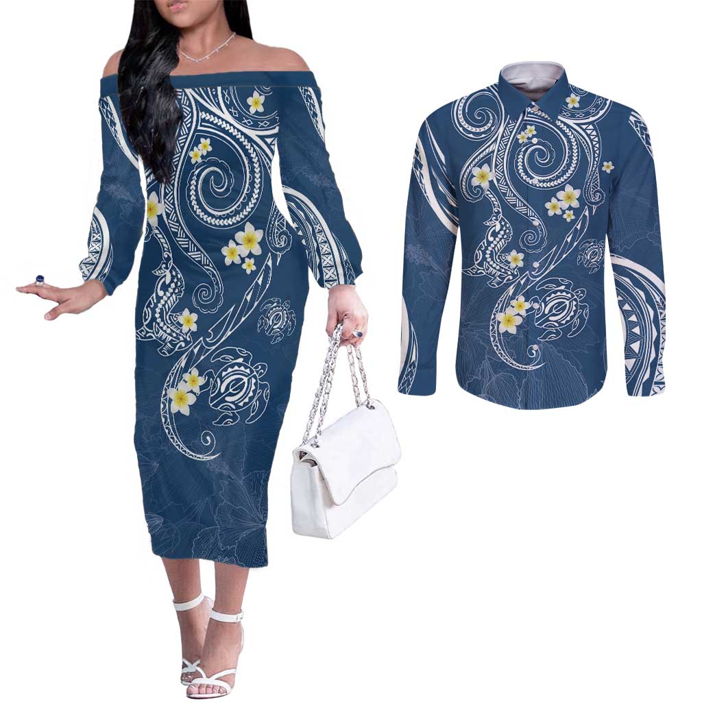 Polynesia Tribal Couples Matching Off The Shoulder Long Sleeve Dress and Long Sleeve Button Shirt Deep Blue Plumeria Tentacles LT7 Blue - Polynesian Pride