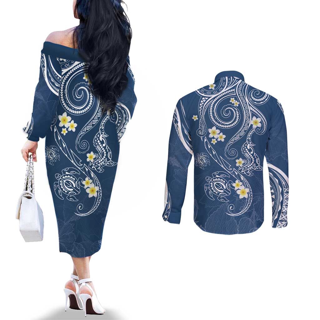 Polynesia Tribal Couples Matching Off The Shoulder Long Sleeve Dress and Long Sleeve Button Shirt Deep Blue Plumeria Tentacles