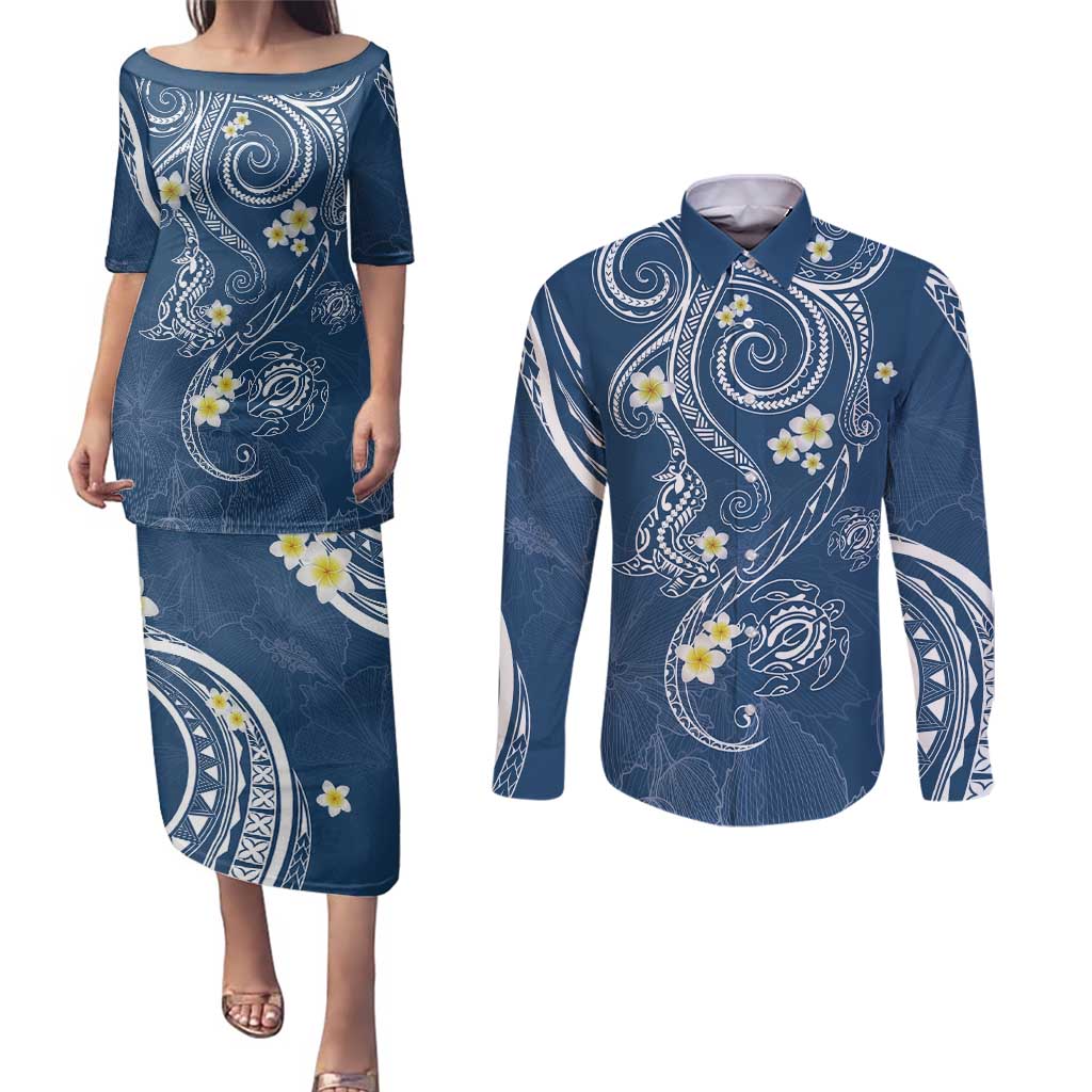 Polynesia Tribal Couples Matching Puletasi and Long Sleeve Button Shirt Deep Blue Plumeria Tentacles LT7 Blue - Polynesian Pride