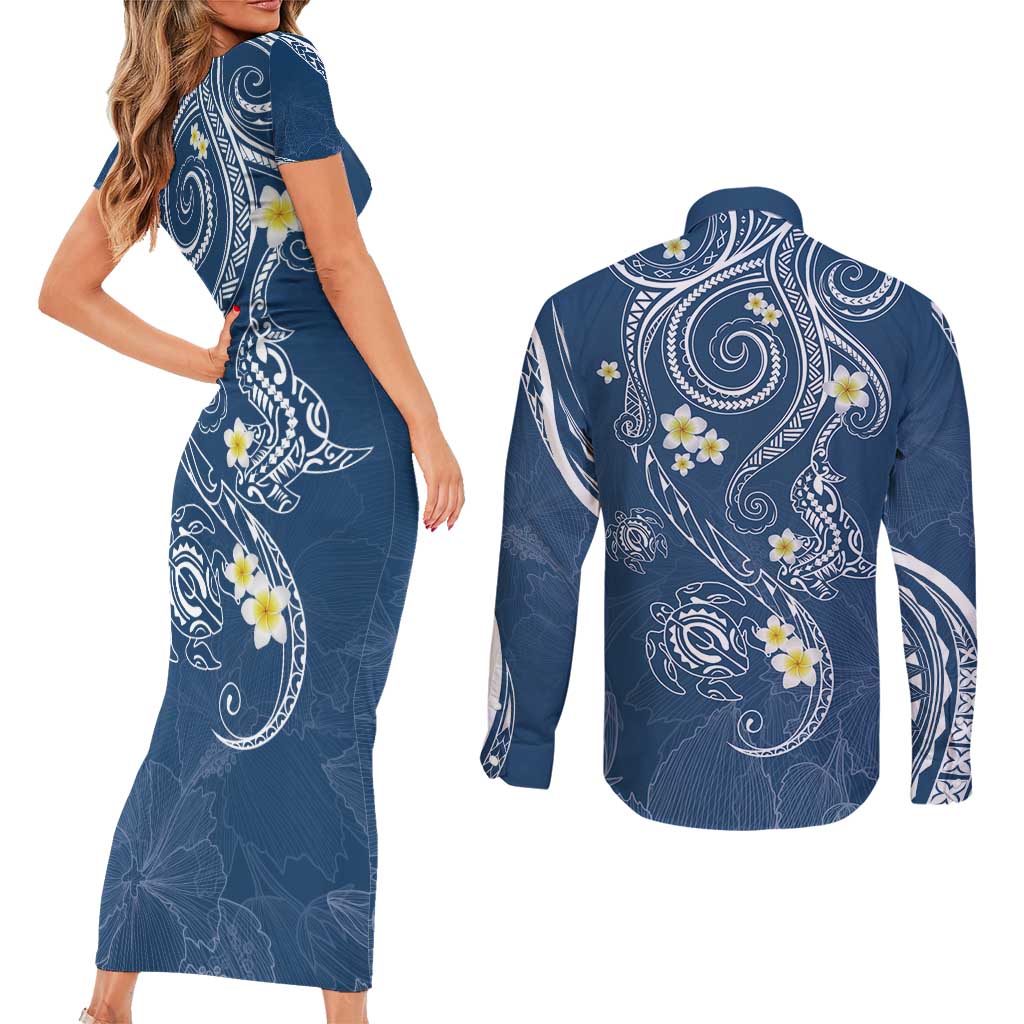 Polynesia Tribal Couples Matching Short Sleeve Bodycon Dress and Long Sleeve Button Shirt Deep Blue Plumeria Tentacles