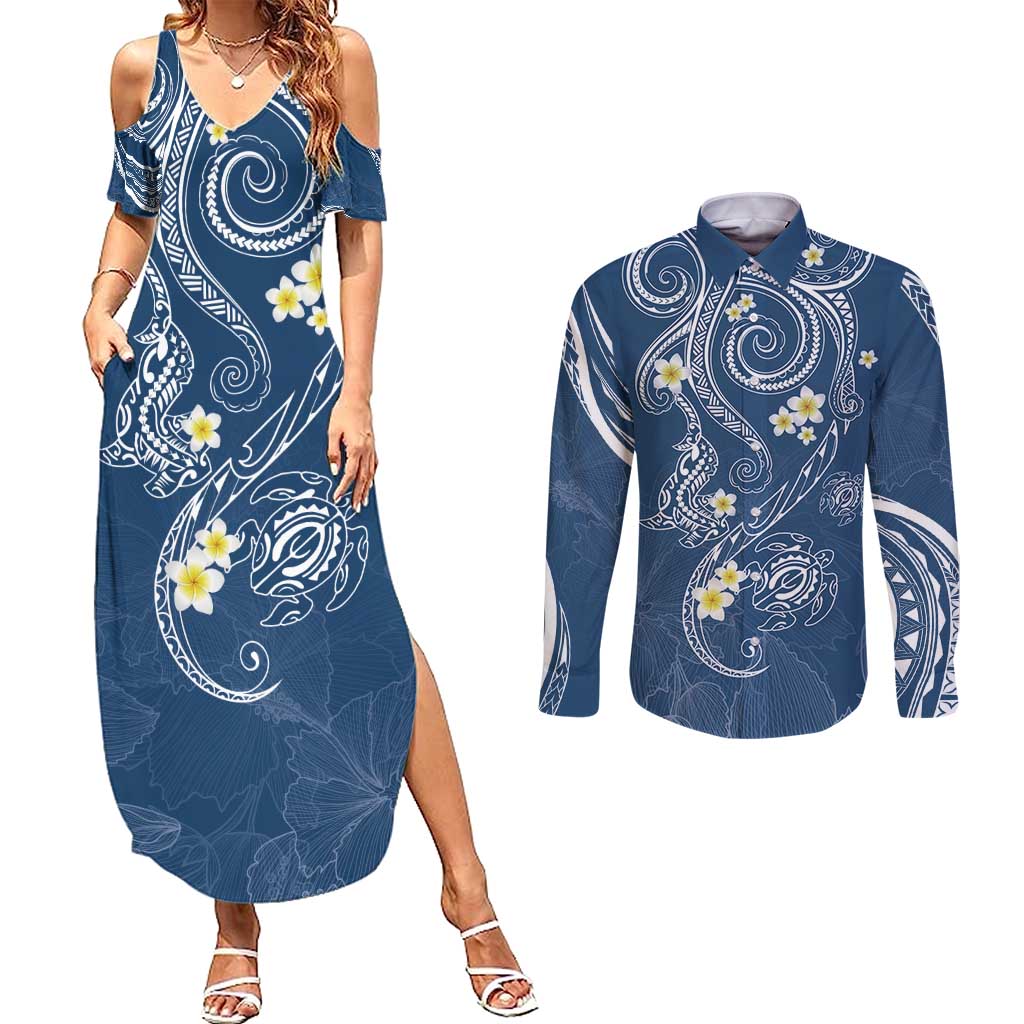 Polynesia Tribal Couples Matching Summer Maxi Dress and Long Sleeve Button Shirt Deep Blue Plumeria Tentacles LT7 Blue - Polynesian Pride