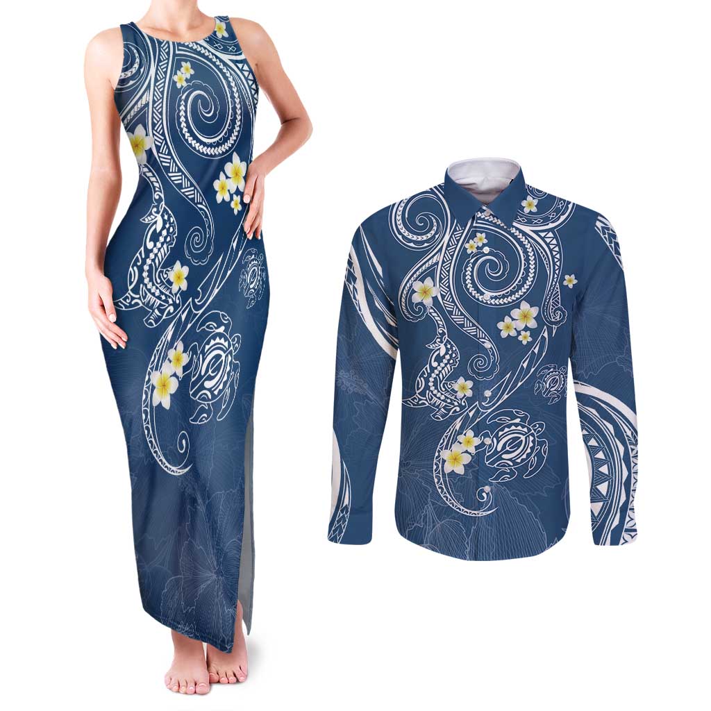 Polynesia Tribal Couples Matching Tank Maxi Dress and Long Sleeve Button Shirt Deep Blue Plumeria Tentacles LT7 Blue - Polynesian Pride