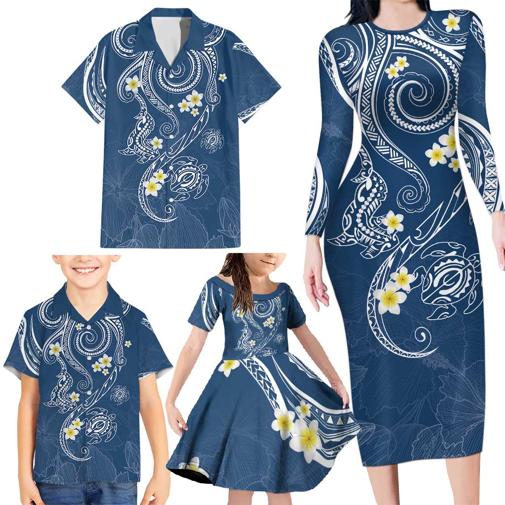 Polynesia Tribal Family Matching Long Sleeve Bodycon Dress and Hawaiian Shirt Deep Blue Plumeria Tentacles LT7 - Polynesian Pride