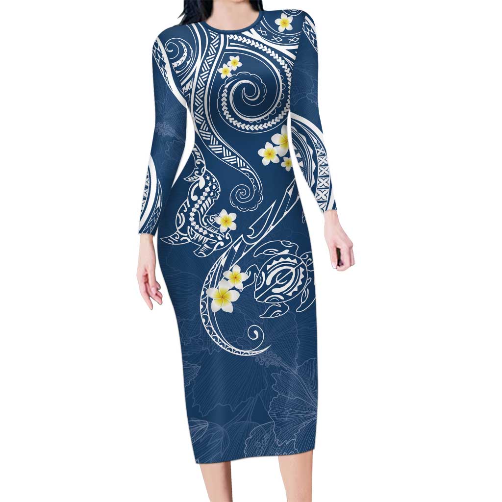 Polynesia Tribal Family Matching Long Sleeve Bodycon Dress and Hawaiian Shirt Deep Blue Plumeria Tentacles LT7 Mom's Dress Blue - Polynesian Pride