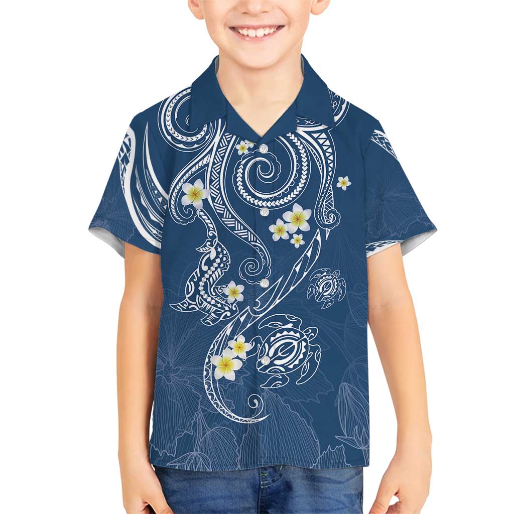 Polynesia Tribal Family Matching Long Sleeve Bodycon Dress and Hawaiian Shirt Deep Blue Plumeria Tentacles LT7 Son's Shirt Blue - Polynesian Pride