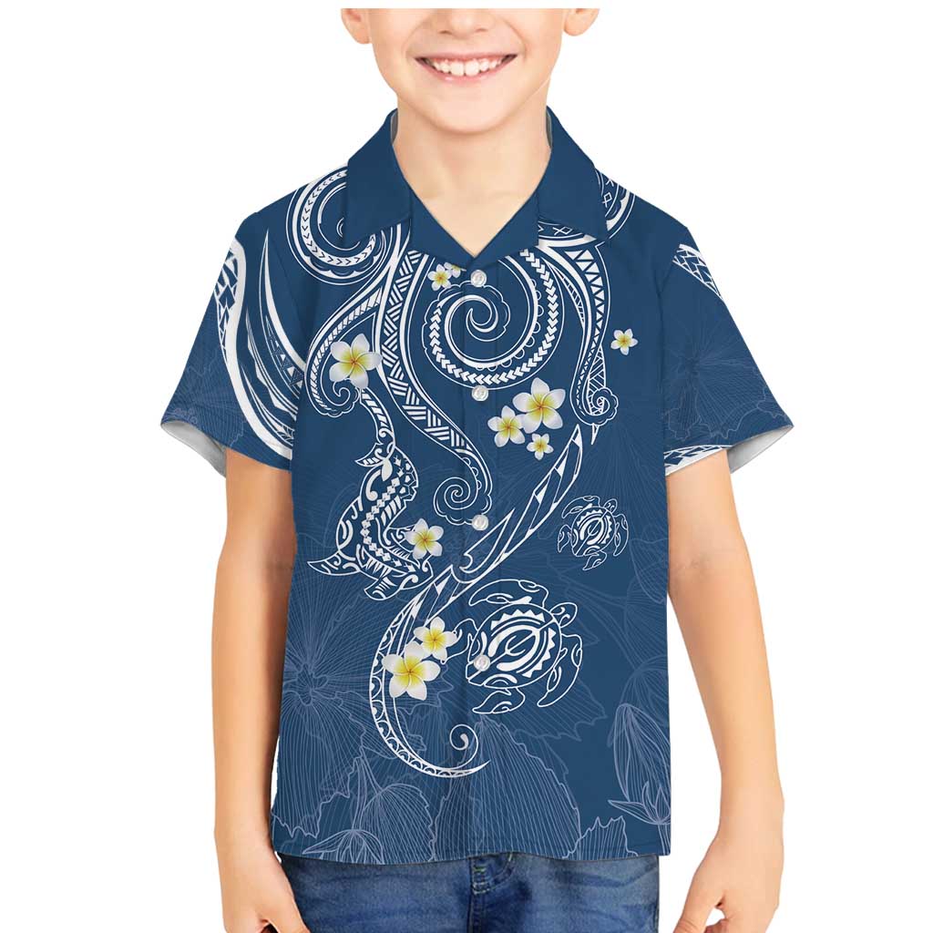 Polynesia Tribal Family Matching Mermaid Dress and Hawaiian Shirt Deep Blue Plumeria Tentacles LT7 Son's Shirt Blue - Polynesian Pride