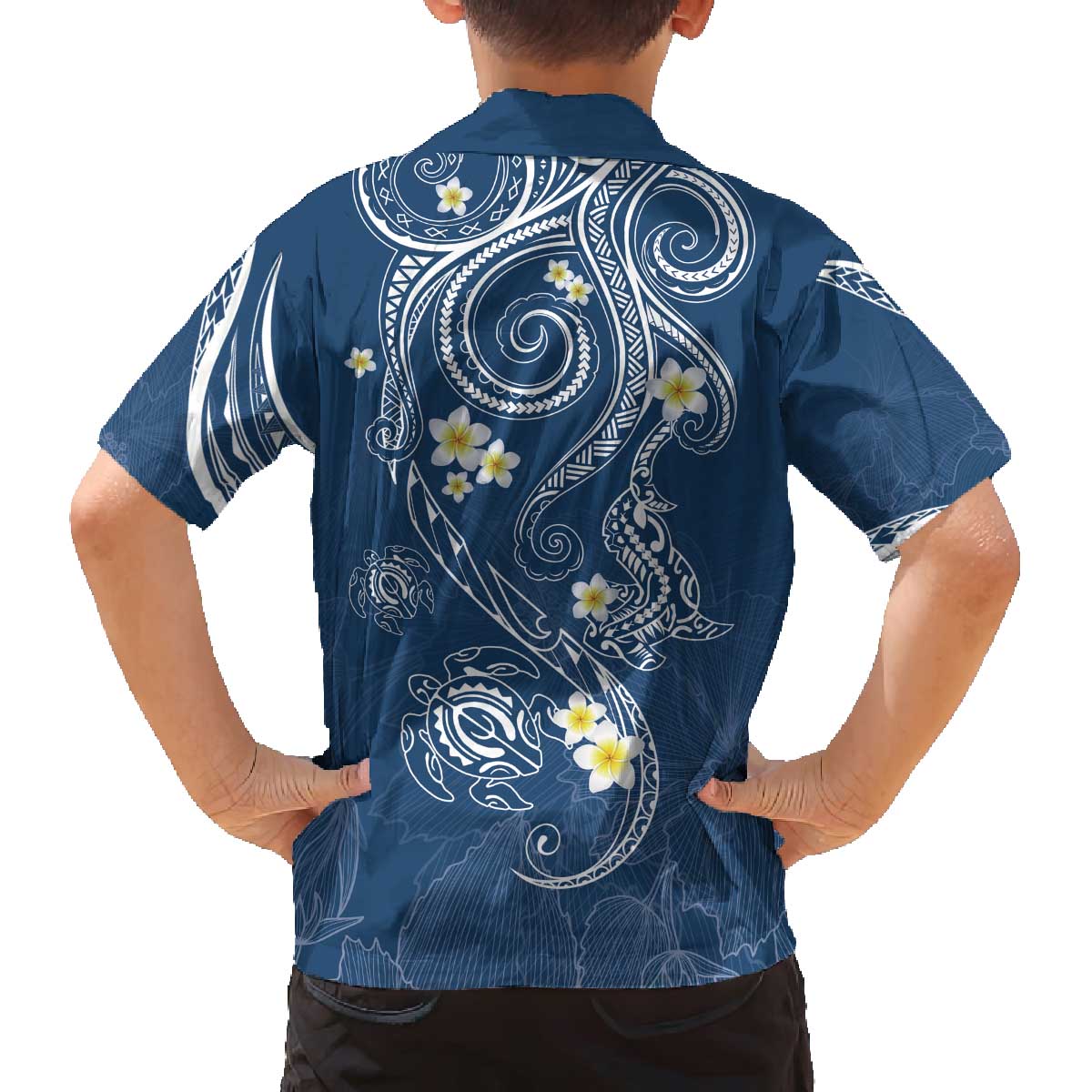 Polynesia Tribal Family Matching Off The Shoulder Long Sleeve Dress and Hawaiian Shirt Deep Blue Plumeria Tentacles LT7 - Polynesian Pride