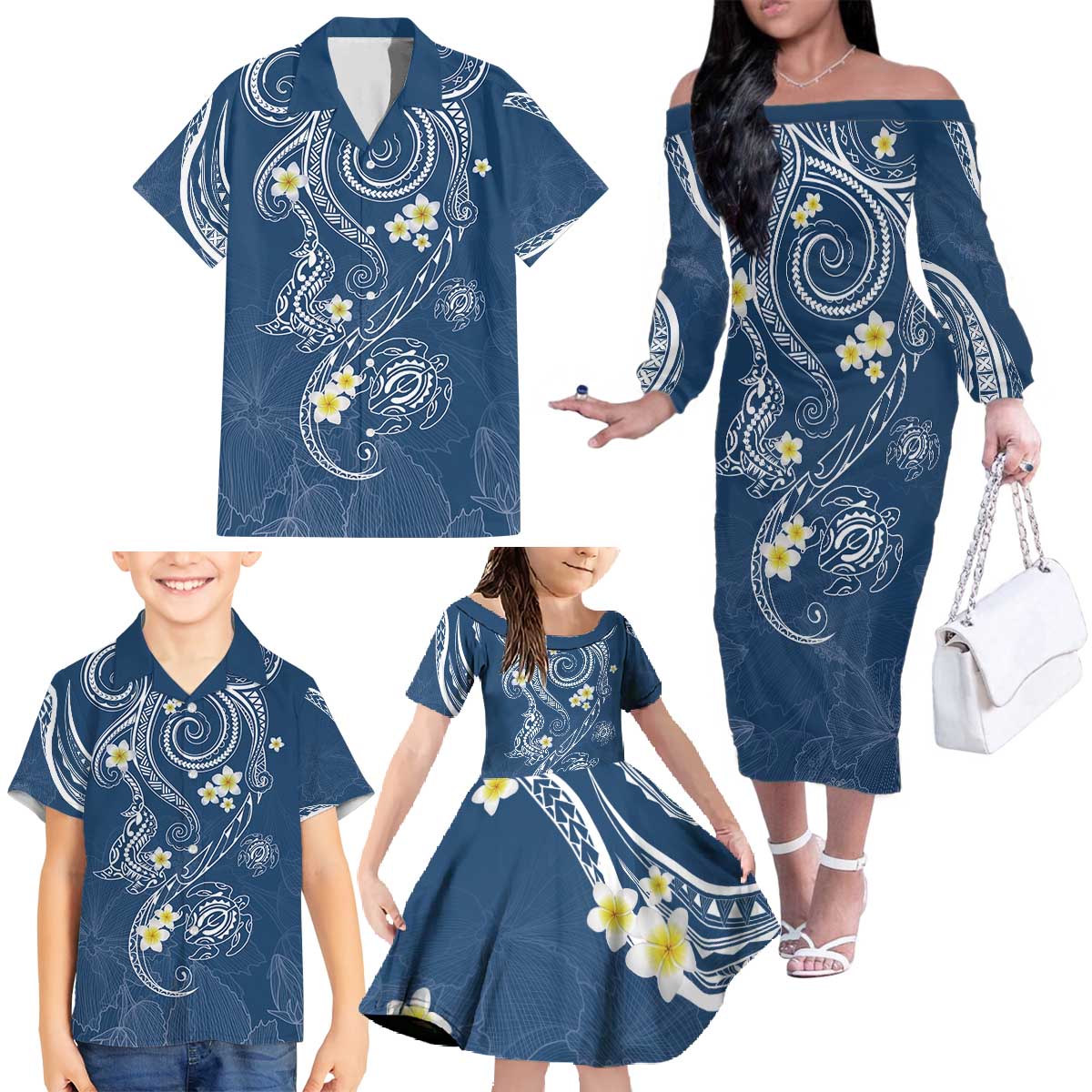 Polynesia Tribal Family Matching Off The Shoulder Long Sleeve Dress and Hawaiian Shirt Deep Blue Plumeria Tentacles LT7 Blue - Polynesian Pride