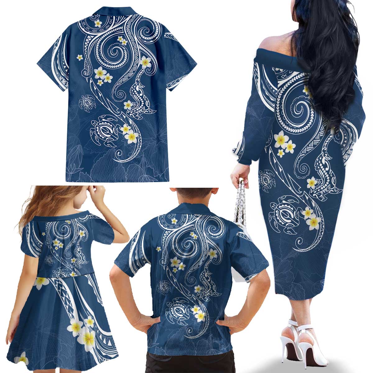 Polynesia Tribal Family Matching Off The Shoulder Long Sleeve Dress and Hawaiian Shirt Deep Blue Plumeria Tentacles LT7 - Polynesian Pride