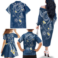 Polynesia Tribal Family Matching Off The Shoulder Long Sleeve Dress and Hawaiian Shirt Deep Blue Plumeria Tentacles LT7 - Polynesian Pride